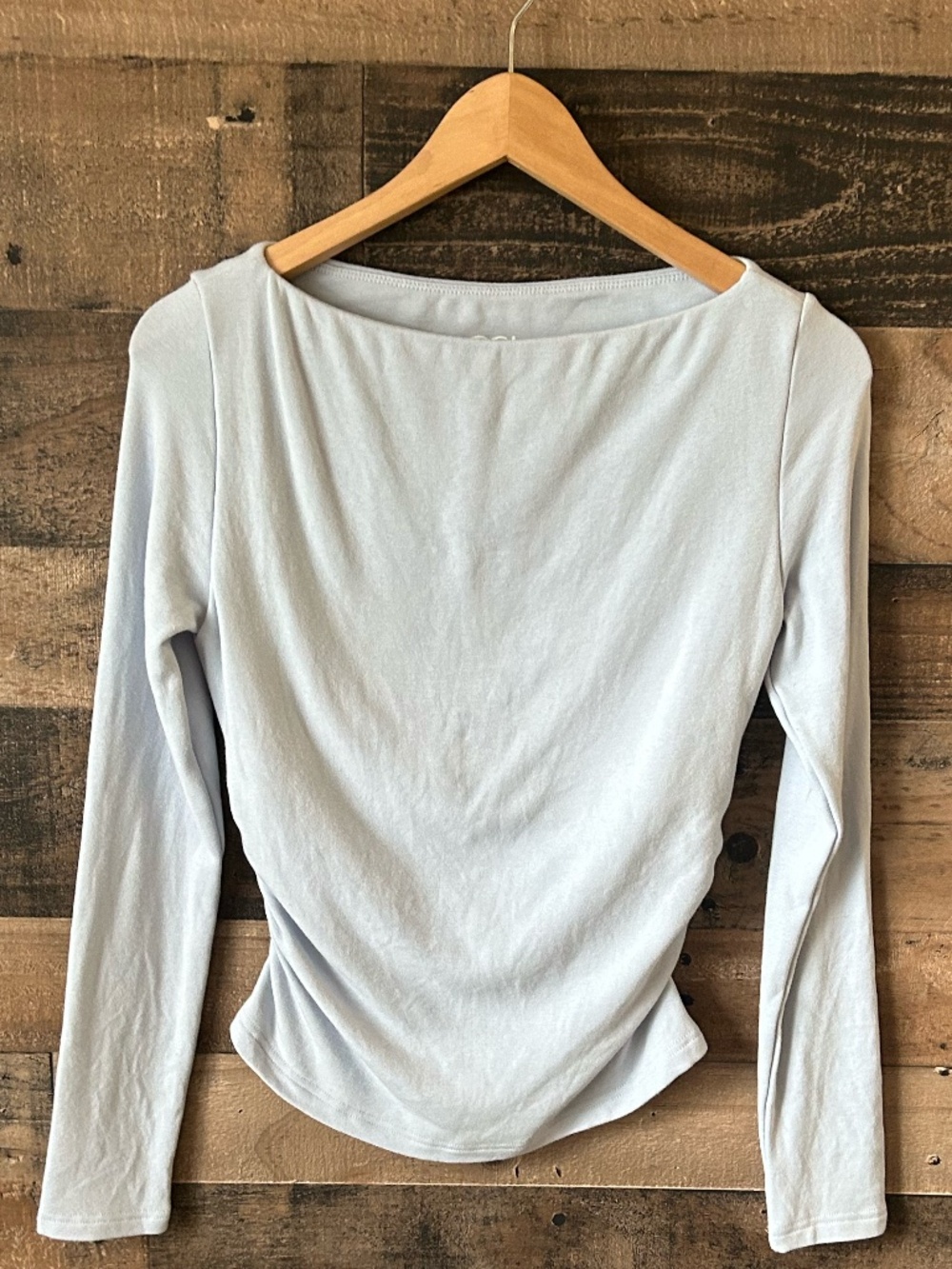 OGL Move Ruched Side Stretch Top Light Blue Sz M NWOT Office Chic Minimalist